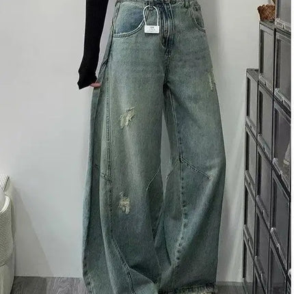 Jeans Vintage a Vita Alta con Effetto Invecchiato per Donna, Pantaloni Larghi a Gamba Dritta e Lunga per Primavera e Autunno