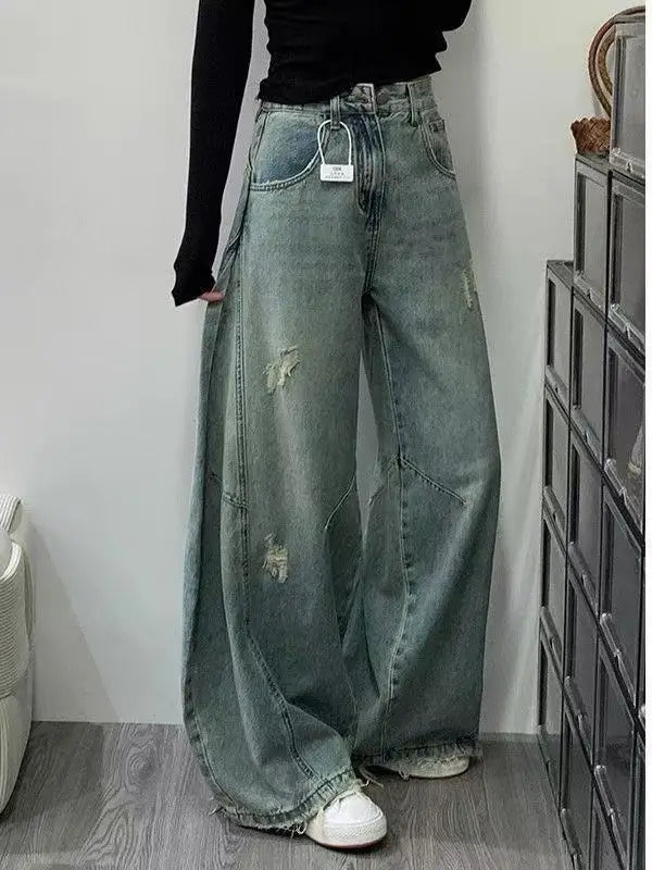 Jeans Vintage a Vita Alta con Effetto Invecchiato per Donna, Pantaloni Larghi a Gamba Dritta e Lunga per Primavera e Autunno