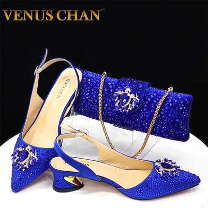 Venus Chan Royal Blue Sandals for Women 2024 Luxury Wedding Pumps Med Heels strass Design Party Shoes and Bags Set