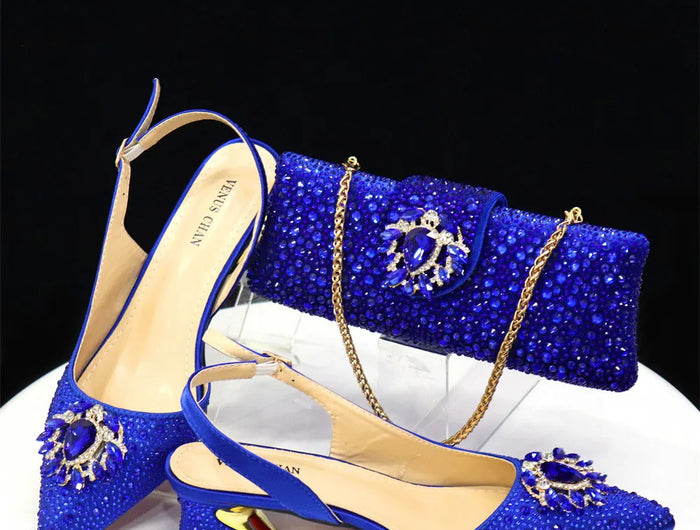 Venus Chan Royal Blue Sandals for Women 2024 Luxury Wedding Pumps Med Heels strass Design Party Shoes and Bags Set