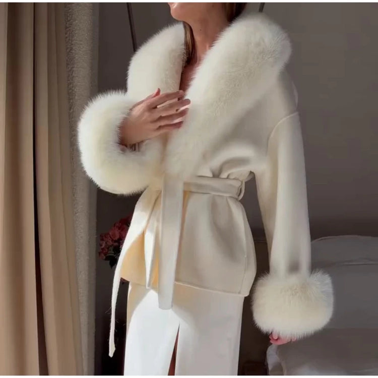 Women Faux Wool Short Coat Faux Fur Collar Cuffs Patchwork Lace-Up Coats Elegant Loose Luxury Ladies Autumn Winter Outerwear