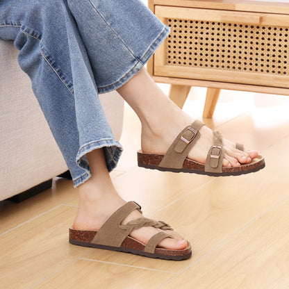 Eyriphy New Women Open Toe Leopard Slides With Adjustable Buckle Classic Flat Sandals Casual Cork Footbed Women's Slippers