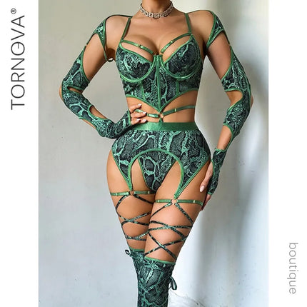 Tornova Erotic Lingerie Personalized Snake Pattern Hollow Strap Design Bodyshaping Sexy Delicate Hot Lingerie Set with Stockings
