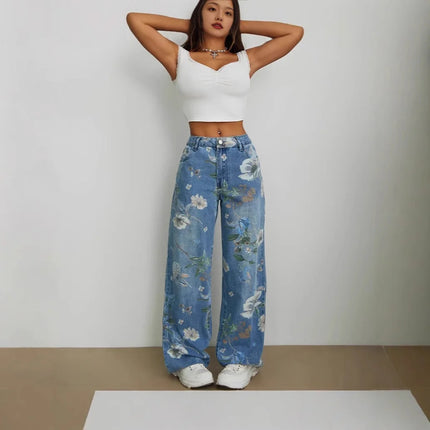2026 Jeans stampati primaverili Pantaloni larghi a gamba dritta larghi di tendenza europea americana da donna Pantaloni versatili a gamba larga a vita bassa