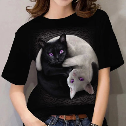 T-shirt mignonne en forme de chat pour femme, avec impression 3D animal de compagnie, manches courtes, hauts décontractés d'été, T-shirts amples Streetwear à col rond