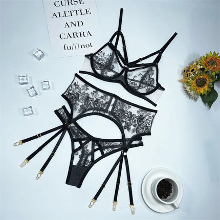 Sexy Floral Black Bikini Bra Set See through Ultra-Thin Underwear Lingerie for Women Female Erotic Panties Bra Underwear Set