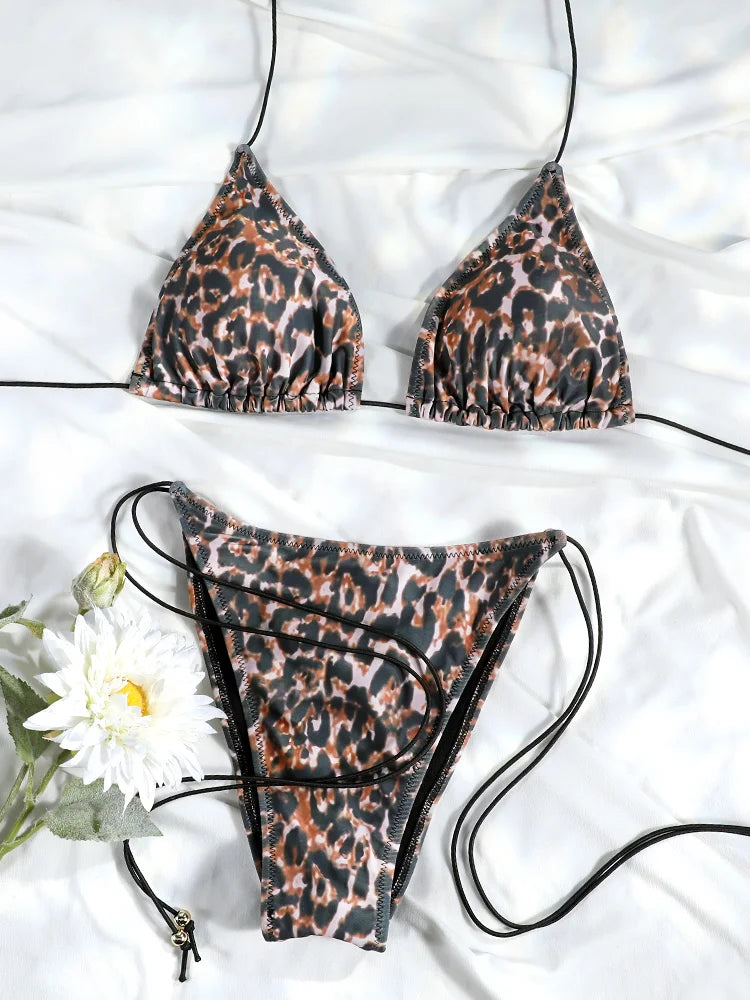 Set Bikini Triangolo Sexy Micro Thong, Costume da Bagno Donna, Biquini con Lacci, Abbigliamento da Spiaggia Stampato, Bikini Thong platinumshop