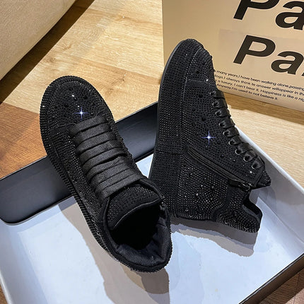 Designer Platform Sneakers Full Diamond Luxury Shoes Versatile Flat Bottom High-top Casual Skateboard Shoes Zapatos De Mujer