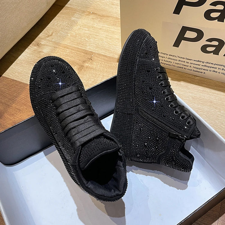 Designer Platform Sneakers Full Diamond Luxury Shoes Versatile Flat Bottom High-top Casual Skateboard Shoes Zapatos De Mujer