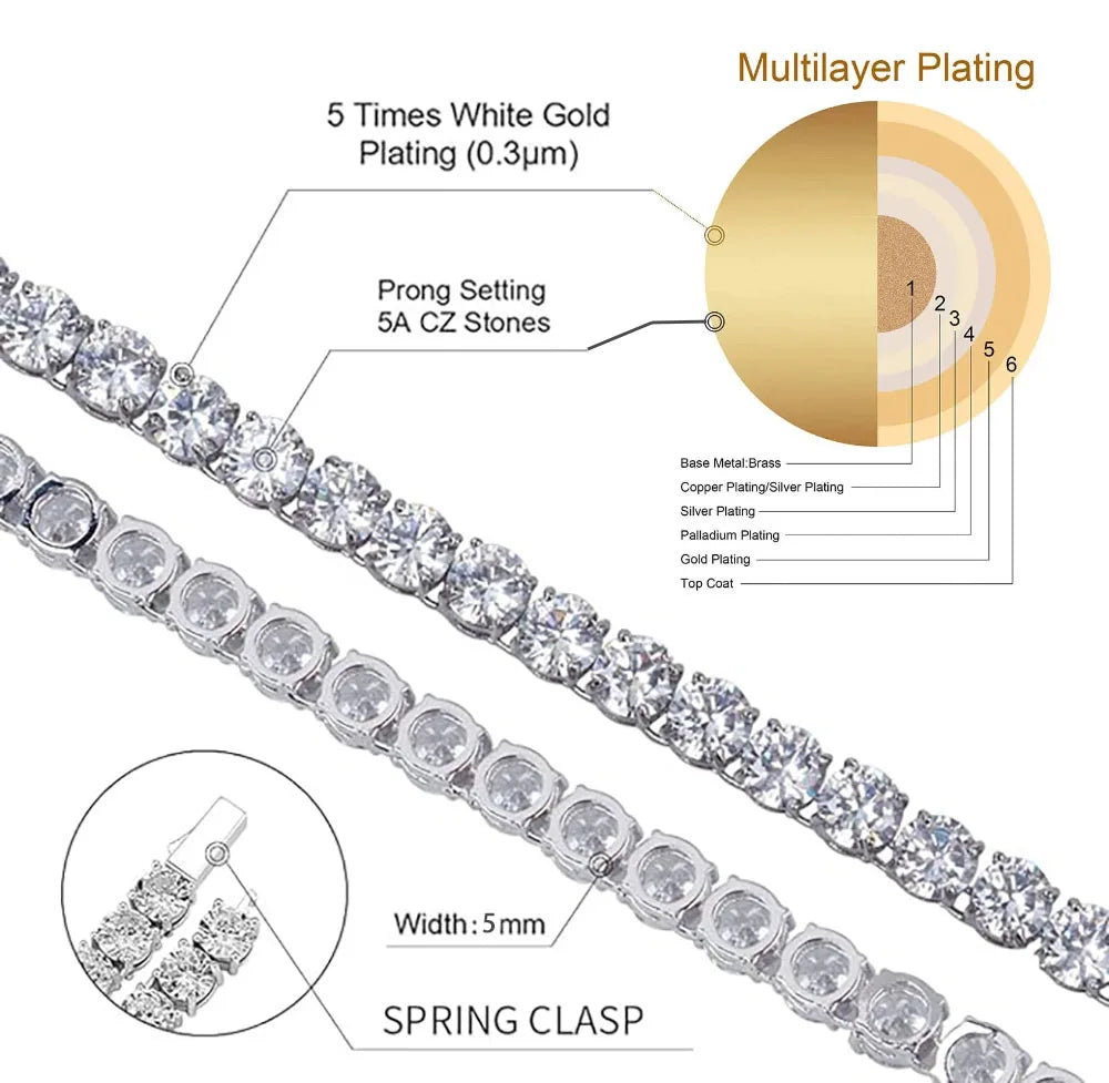 Gioielli Hip Hop Cubic Zirconia ghiacciata Catena da tennis ghiacciata Collana bling placcata oro 18 carati per le donne Logo laser personalizzato gratuito