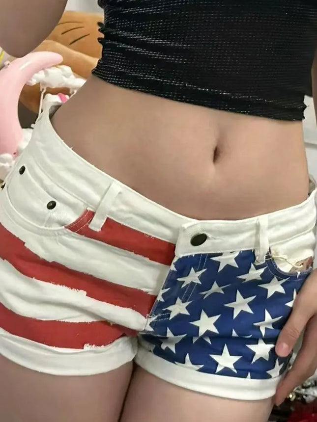 Women's Retro Star Print Denim Shorts Summer Y2k Slim Butt Super Shorts Jeans Hot Pants