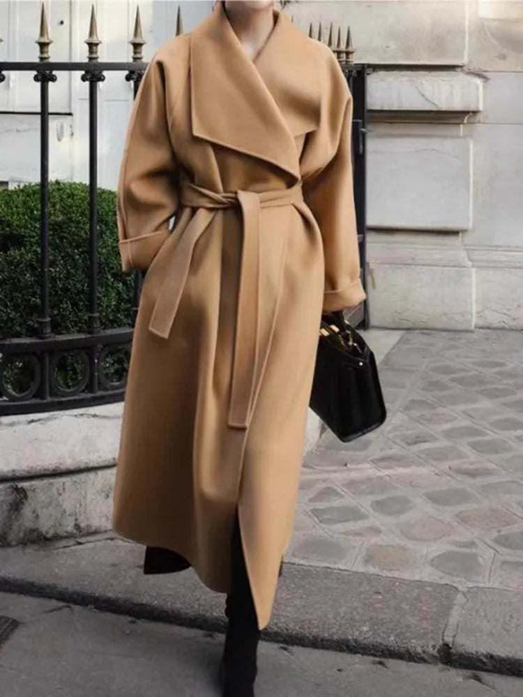High-end Women Double-sided Wool Long Coat Warm Baby Blue Lapel Loose Double Breasted Wool Coat Female Fashion Autumn Winter