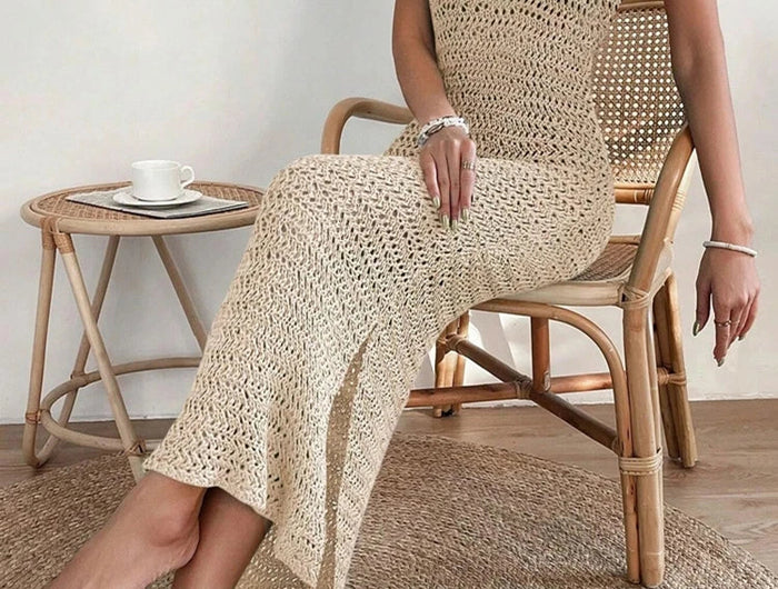 Abito scavato in vita con scollo tondo alla moda ed elegante per la primavera e l'estate, gonna da spiaggia slim fit senza maniche da donna platinumshop