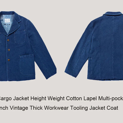 Men's Indigo Cargo Jacket Height Weight Cotton Lapel Multi-pocket Jacket Male French Vintage Thick Workwear Tooling Jacket Coat