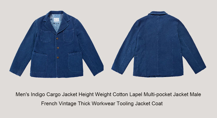 Men's Indigo Cargo Jacket Height Weight Cotton Lapel Multi-pocket Jacket Male French Vintage Thick Workwear Tooling Jacket Coat