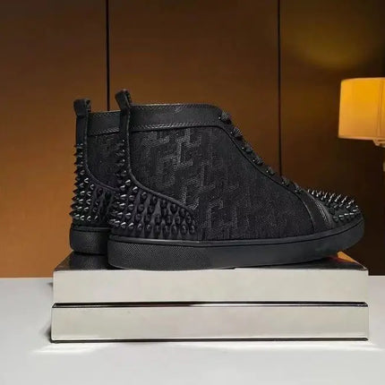 Black Studded Leather Rivets High-Top Sneakers Classic Designer Style Round Toe Men's Sports Shoes Comfort Lace-Up Casual Shoes