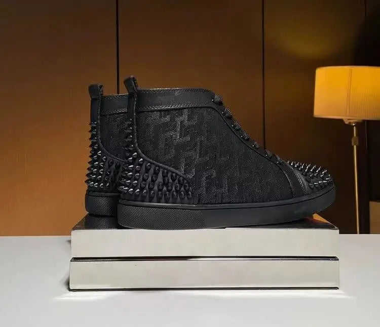 Black Studded Leather Rivets High-Top Sneakers Classic Designer Style Round Toe Men's Sports Shoes Comfort Lace-Up Casual Shoes