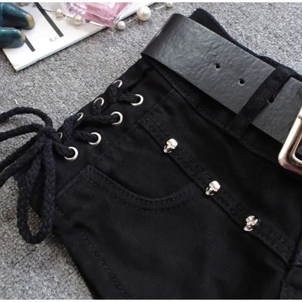 Korean Low Rise Denim Shorts 2024 - Riveted Lace Up Bodycon Black Hot Pants Vintage Cheeky Booty Summer TikTok Y2K Outfit PlatiNum