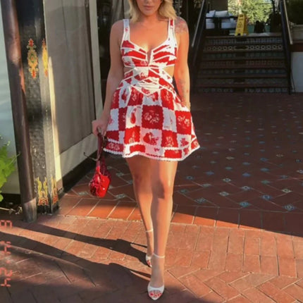 Women's Simple Elegant V Neck Mini Dresses. Women's Color Block Spaghetti Strap Dress. Hollow Waist Party Dresses with Large Hem
