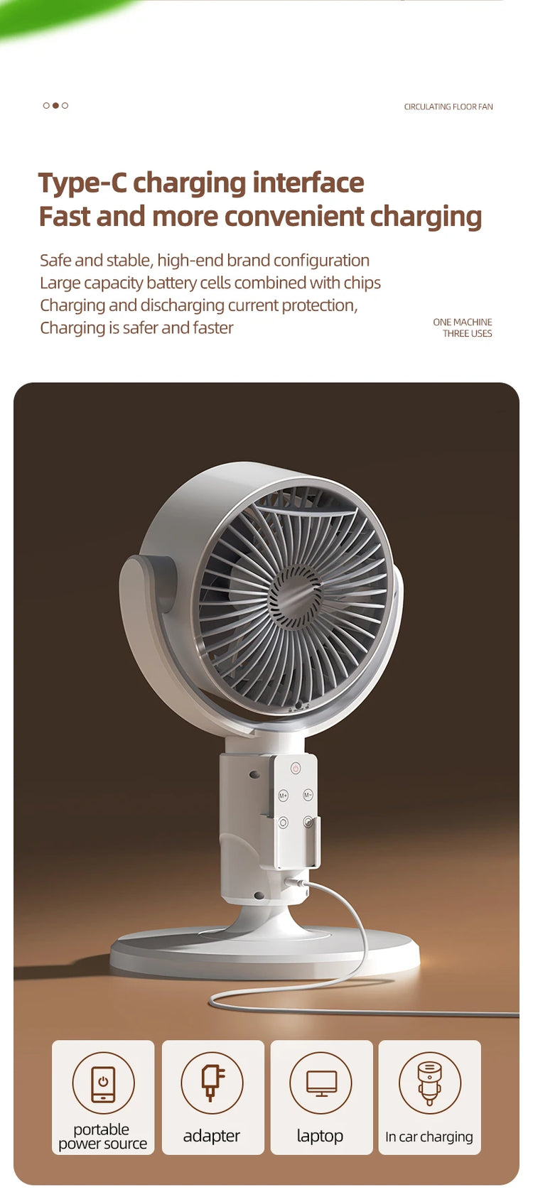 Ventilatore a Turbina Elettrica da Pavimento, Ventilatore a Cinque Velocità Regolabili, Altezza Regolabile, Ricaricabile