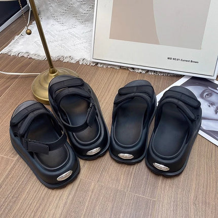 Matsuke Sandales à semelle épaisse pour femmes, style 2026, sandales de plage polyvalentes à semelle souple et velcro, à porter avec une jupe.