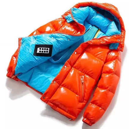 Fashion Mens Winter Mixed Colors Thick Warm 90% White Duck Down Jacket Bright Pu Leather Overcoat Streetwear Hooded Outwear Coat