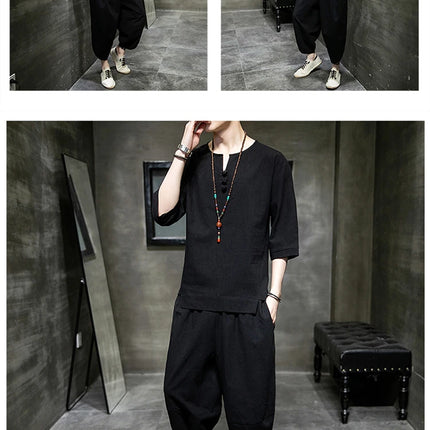 Stile giapponese due pezzi t-shirt pantaloni uomo uomo abiti Kimono maniche corte giappone Harajuku Yukata Cardigan Costume top pantaloni