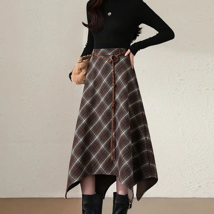 Women Faux Woolen Plaid Long Skirts Korean Vintage Belt Loose High Waist A Line Skirt Casual Fall Winter Irregular Retro Skirts PlatiNum
