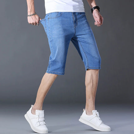 2026 Pantaloncini Casual da Uomo in Denim Cotone Elastico Dritti di Alta Qualità al Ginocchio Jeans Classici Vintage Moda Blu