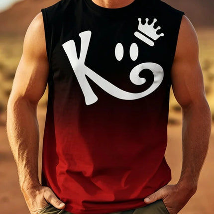 Men's Sleeveless T-Shirt with K Letter 3D Digital Print, Casual Polyester Round Neck Tank Top, Men's Sports Top.