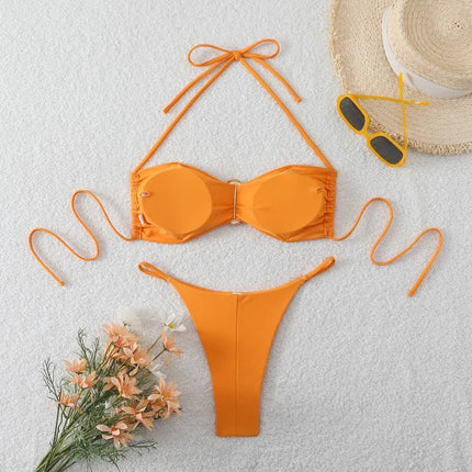 Costume da Bagno da Spiaggia alla Moda, Set Bikini a Perizoma per Donna, Sexy Costume da Bagno a Triangolo con Lacci, Due Pezzi, Stile Brasiliano, Tinta Unita platinumshop