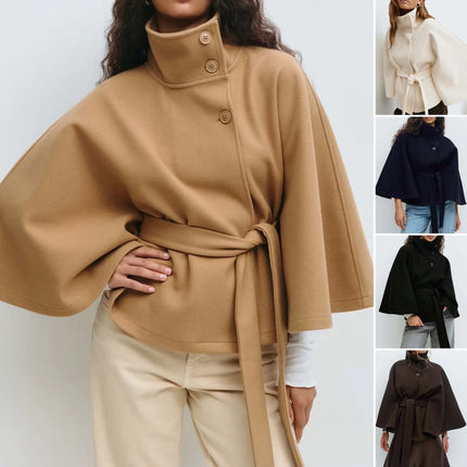 Women Lace Up High Neck Jackets for Women with Belt Elegant Windbreaker Faux Wool Blends Cape Korean Solid Windbreaker Cloak