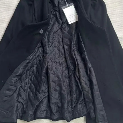 Winter Hepburn Black Fur Collar Woolen Coat French Style Vintage Blends Slim Mid-length Outwear Elegant Lolita Warm Outfits New