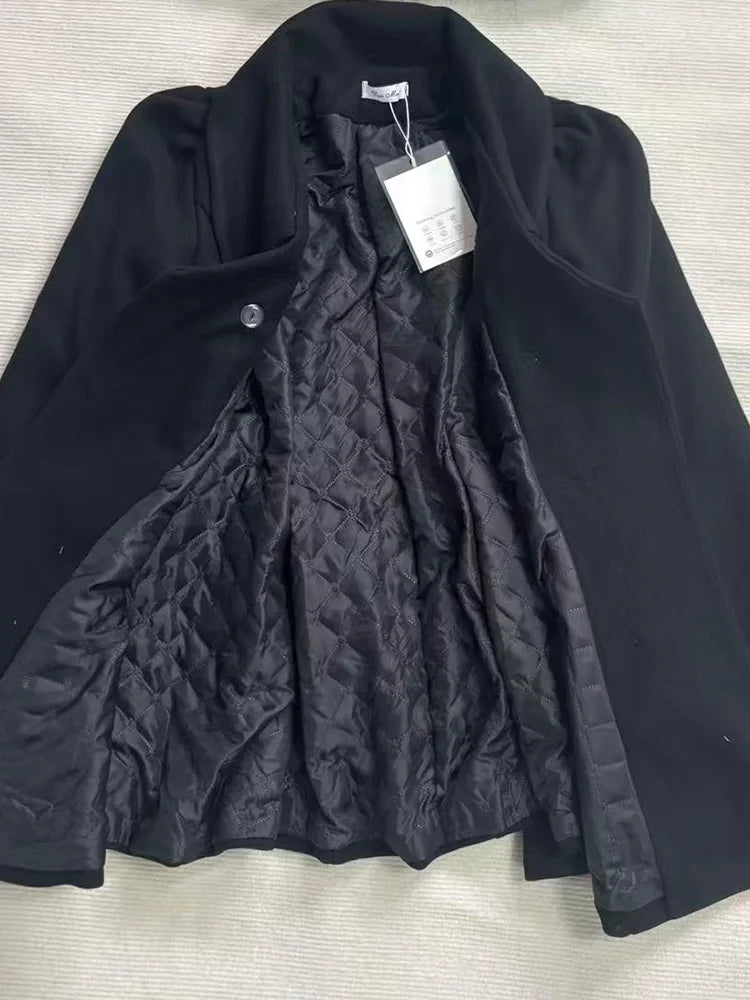 Winter Hepburn Black Fur Collar Woolen Coat French Style Vintage Blends Slim Mid-length Outwear Elegant Lolita Warm Outfits New