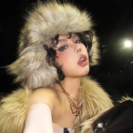 Y2K Fluffy Popular Russian Female Round Earflap Cap Faux Fur Winter Warm Hat For Women Faux Fox Raccoon Fur Beanies Bomber Gorra