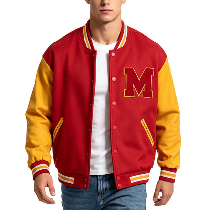 Mens M Letter Varsity Jacket Vintage Faux Leather Sleeve Baseball Letterman Coat Red & Yellow Streetwear for Casual Wear
