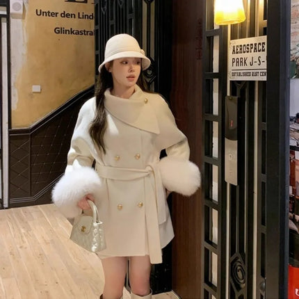 Korean Chic Elegant Double Breasted Fur Cuff Belted Wool Coat Women Slim Fit Winter Warm Casual Daily Party Outwear Blends New