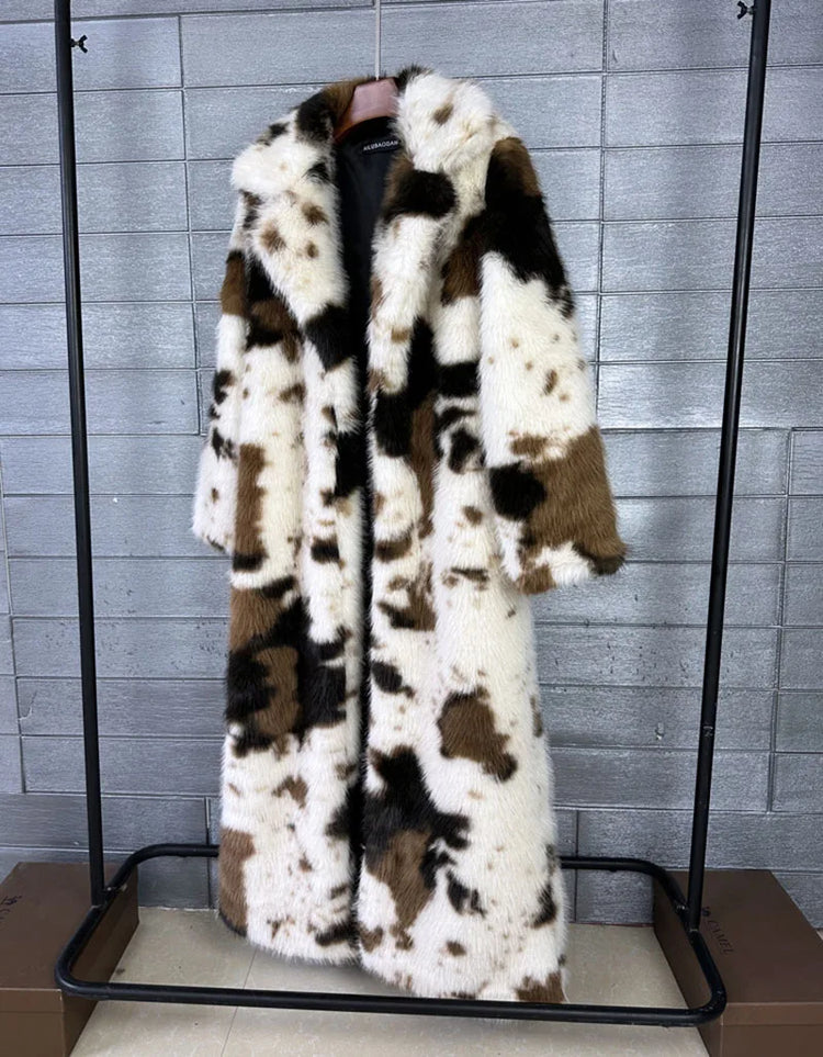 ZADORIN 130cm Long Thicken Lapel Cow Print White Brown Faux Fur Coat Woman Clothing Luxury Fluffy Jacket Winter Fur Coats Woman
