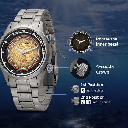 BERNY Titanium Diver Watches for Men 20ATM Super Luminous Automatic Mechanical Men's Dive Watch Sapphire Swim Diving Wristwatch