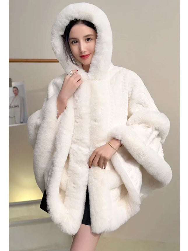 ZADORIN Luxury Thick Warm Hooded White Faux Fur Coat Woman Winter Clothes Fur Cape Mid Long Fur Shawl Cardigan Cloak Outerwears