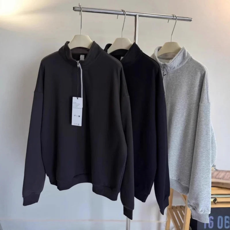 Unisex Winter Fleece Sweatshirt Thick Warm Stand Collar Zip Jacket Loose Fit Sport Top Casual Fitnes Outerwear for Men and Women