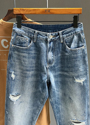Ripped Jeans Men New Personality Fashion Vintage Blue Streetwear Baggy Denim Pants Casual Tapered Hole Frayed Trousers Male PlatiNum