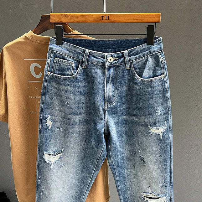 Ripped Jeans Men New Personality Fashion Vintage Blue Streetwear Baggy Denim Pants Casual Tapered Hole Frayed Trousers Male PlatiNum