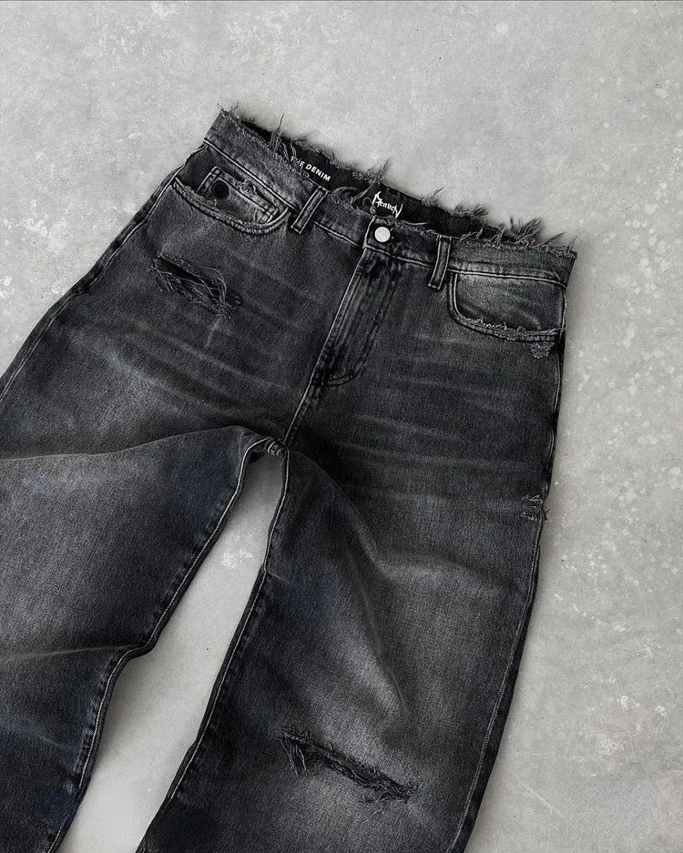 Straight Jeans Distressed Men Jean Ripped Holes Washed Denim Pants Ankle Length Loose Solid Zipper Fly Pockets Casual 2025 PlatiNum