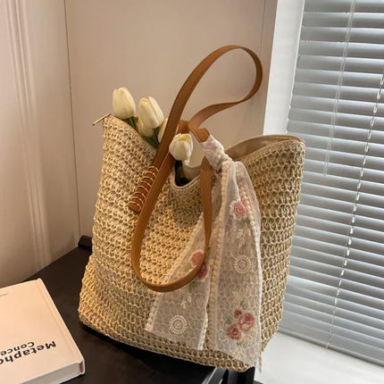 Large Capacity Summer Tote Bag, Women's Hand-Woven Shoulder Bag, Fresh Rural Style