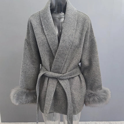 Elegant OL Office Lady Overcoats Fur Patchwork Long Sleeve Woolen Coat Beautiful Women's Clothing Jacket Autumn 2025 Spring