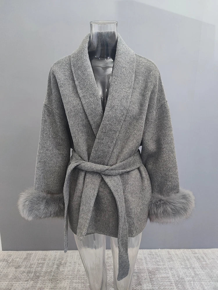 Elegant OL Office Lady Overcoats Fur Patchwork Long Sleeve Woolen Coat Beautiful Women's Clothing Jacket Autumn 2025 Spring