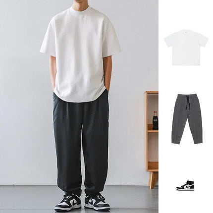 Small Neck T-shirts Men 350gsm Cotton Solid Color Male Short-sleeved T-shirt Spring Summer Loose Bottoming Shirt Casual T Shirts PlatiNum