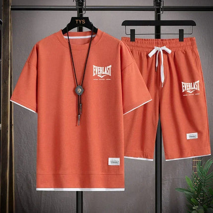 Men's Summer Outfit High Quality Round Neck Men's T-shirt 2-Piece Shorts Set Quick Dry Running Leisure.