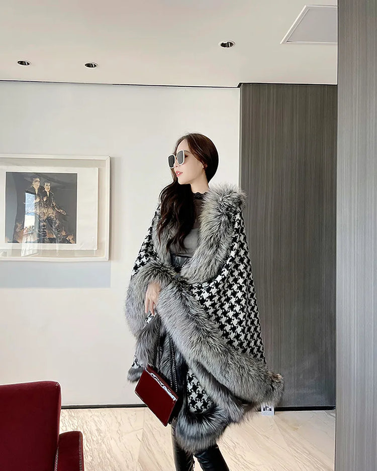 ZADORIN Autumn Winter Luxury Faux Fur Coat Women Elegant Houndstooth Tweed Warm Big Poncho Fur Shawl Cape Women Party Outerwear
